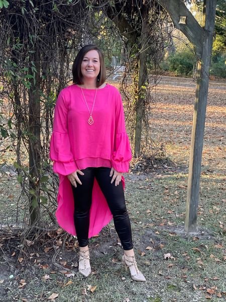 Faux leather leggings, lantern sleeve blouse, Barbie style, holiday style, date night

#LTKfindsunder50 #LTKxPrime #LTKHoliday