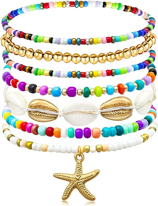 Beach Bracelets for Women Bohemian Stackable Heishi Surfer Bracelet Set Elastic Seashell Starfish... | Amazon (US)