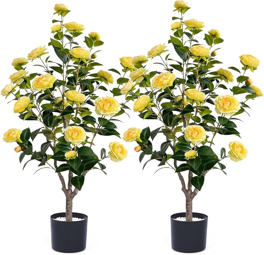 2PCS Artificial Camellia Tree, 45'' Faux Plants Outdoor Fake Blooming Tree Potted with Yellow Flo... | Amazon (US)