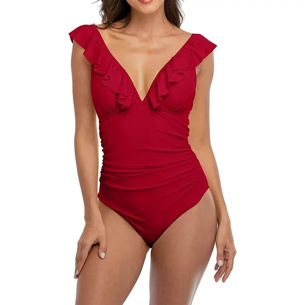 Women's Ruffle One Piece Swimsuit V Neck Bathing Suits Ladies Sexy Monokini Swimwear | Walmart (US)