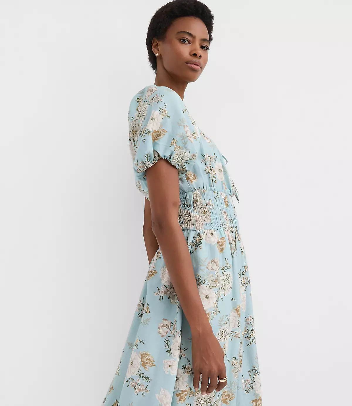 Floral Ruffle Tie Neck Smocked Midi Dress | LOFT