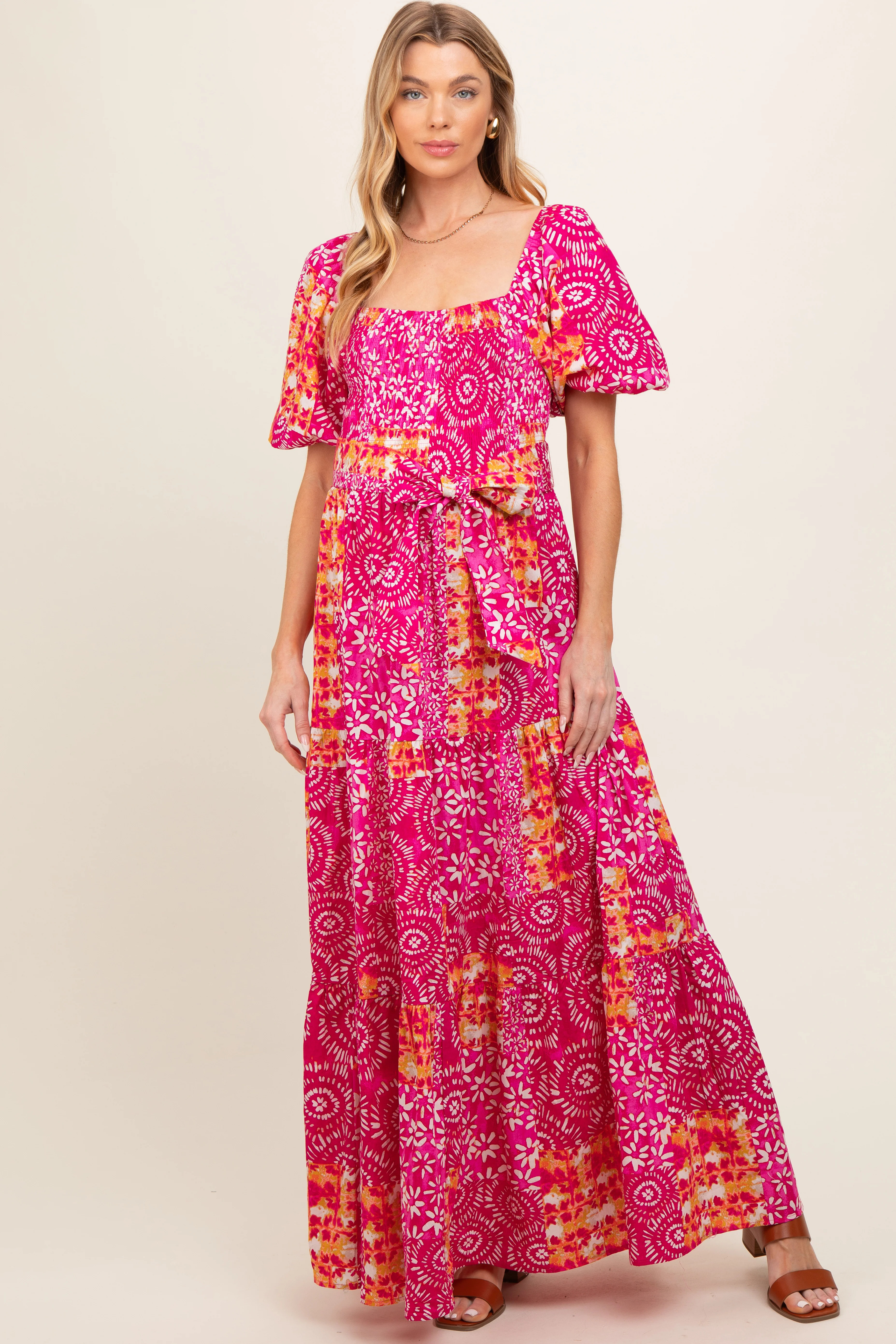 Fuchsia Floral Smocked Short Puff Sleeve Tiered Maternity Maxi Dress | PinkBlush Maternity