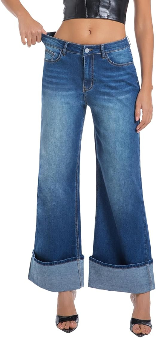 Wide Leg Jeans Woman Stretchy Cuffed High Waisted Baggy Jeans Loose Denim Pants | Amazon (US)