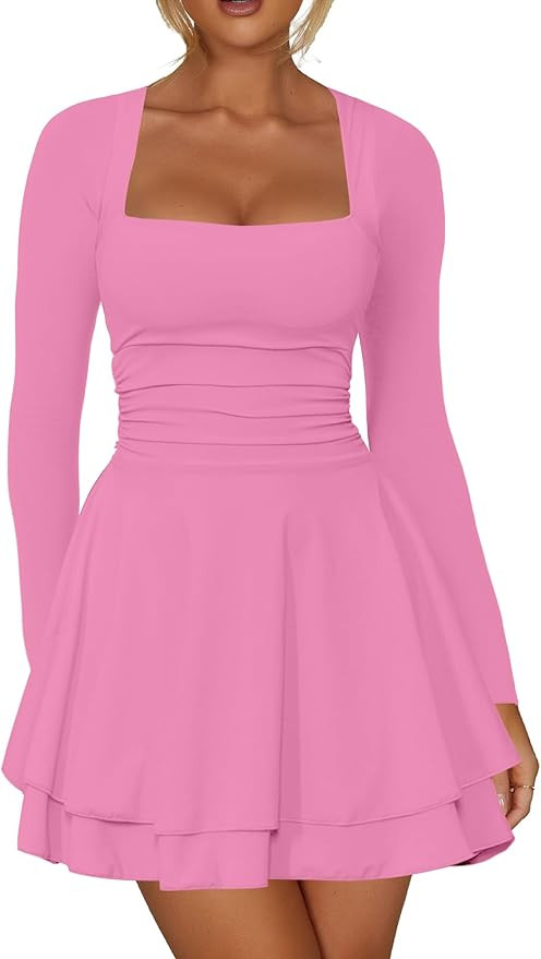 Kaximil Women's Square Neck Ruffle Hem Mini Dress Ruched Waist Long Sleeve Corset Short Party Dre... | Amazon (US)