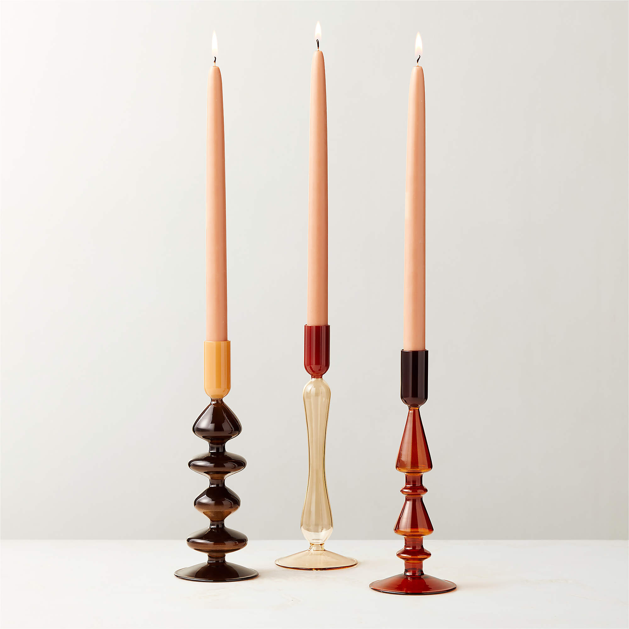 Kava Warm Toned Glass Taper Candle Holders Set of 3 + Reviews | CB2 | CB2