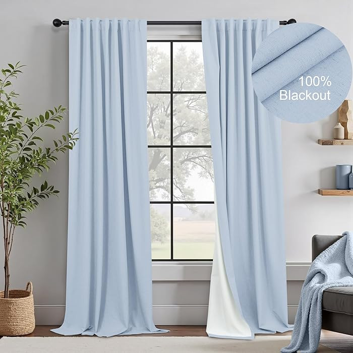 Light Blue Curtains 96 Inches Long for Living Room Linen Boho Blackout Room Darkening Back Tab Pl... | Amazon (US)