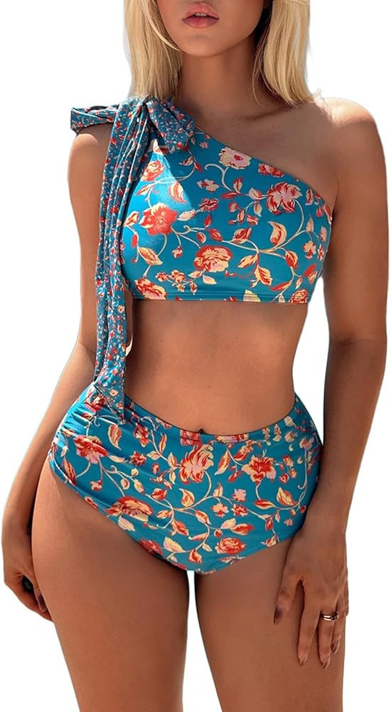 Herseas Women's One Bow Shoulder Bikini Sets 2 Piece Ruched Swimsuit Elegant Bathing Suit | Amazon (US)