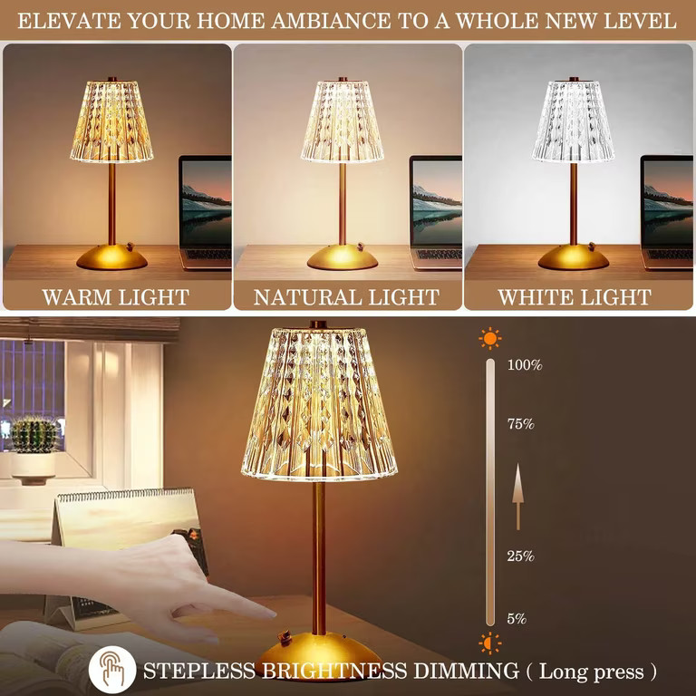 Cordless Table Lamp,Battery Operated Lamp,3 Color Modes Dimmable LED Touch Lamp,Portable Crystal ... | Walmart (US)