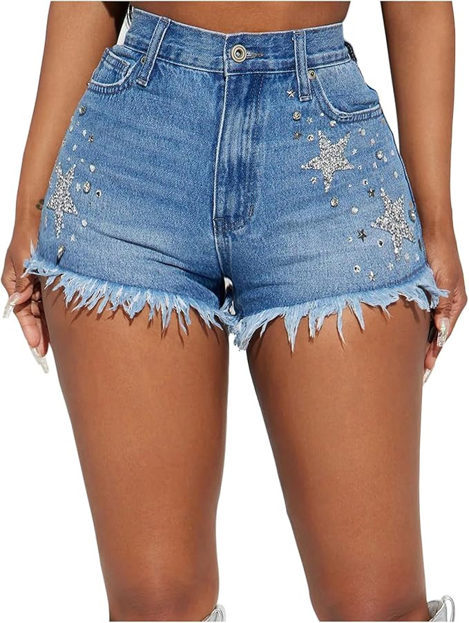 YEXPINE Women's Casual Rhinestone Denim Shorts High Waist Raw Hem Jean Shorts Y2k Summer Shorts S... | Amazon (US)