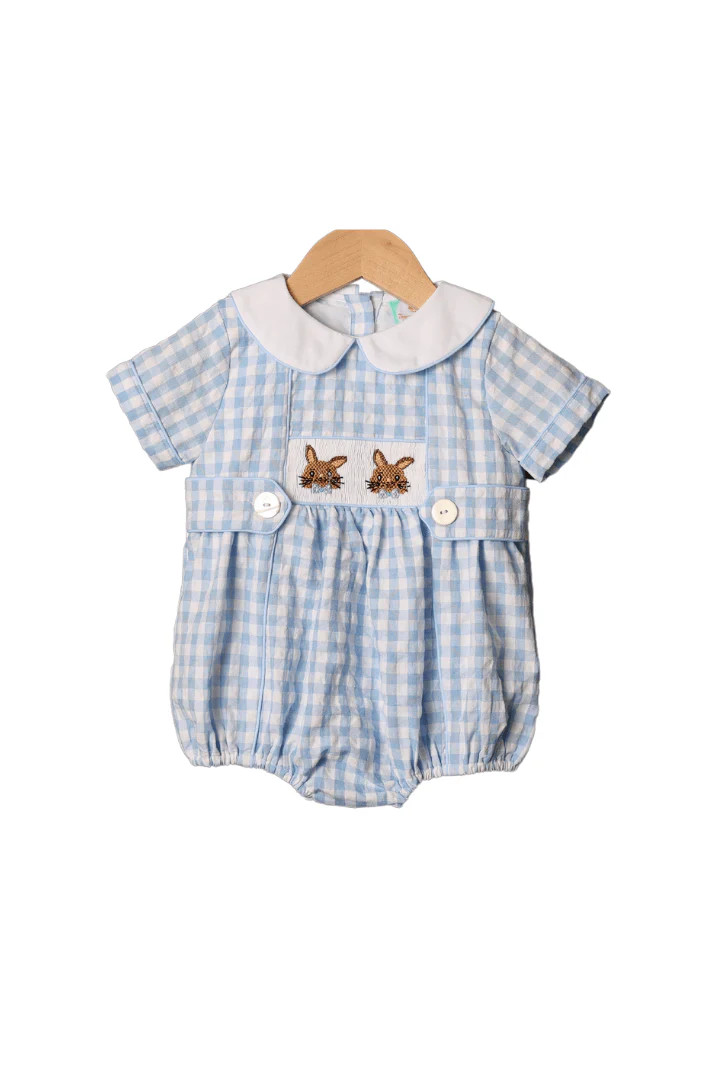 Smocked Bow Tie Bunny Blue Gingham Bubble | The Smocked Flamingo