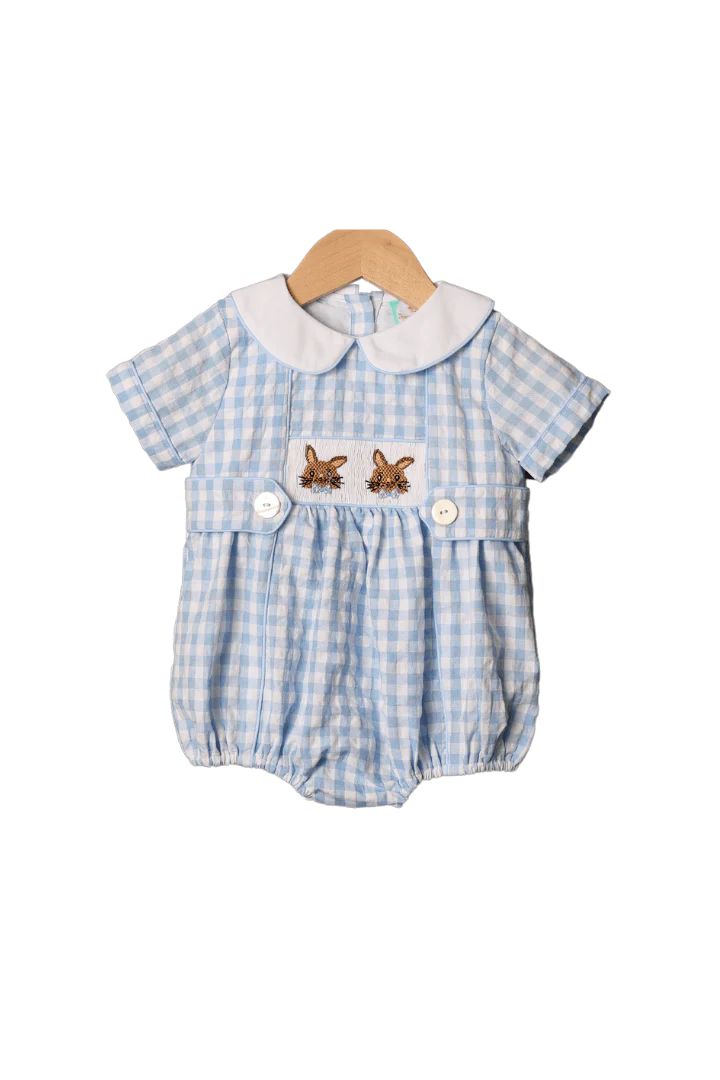Smocked Bow Tie Bunny Blue Gingham Bubble | The Smocked Flamingo