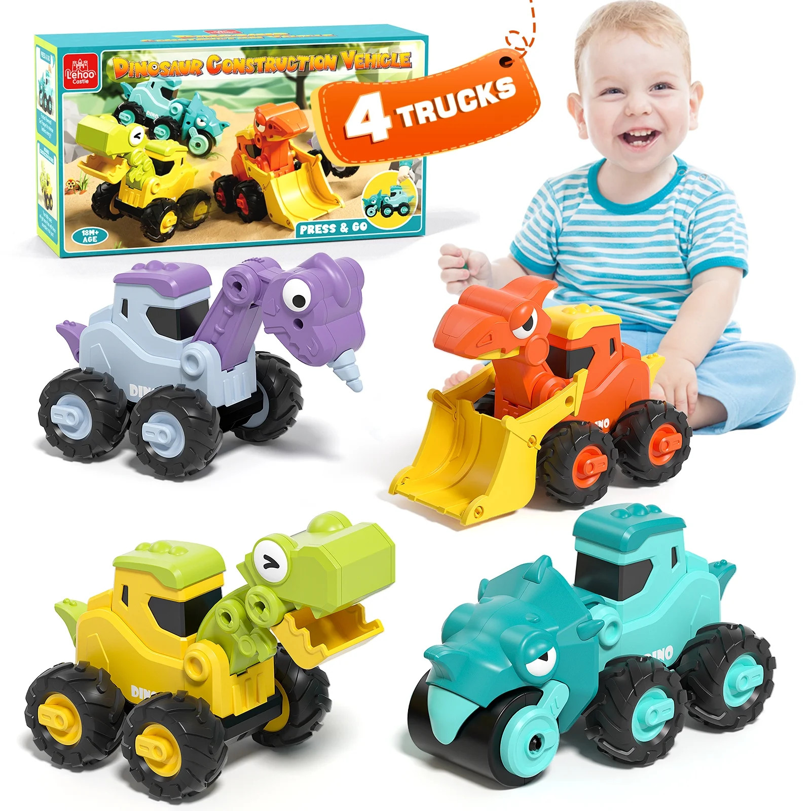 Toys for 1 2 3 Year Old Boy Girl, Construction Vehicle Dinosaur Toy Cars For Toddlers, Press And ... | Walmart (US)
