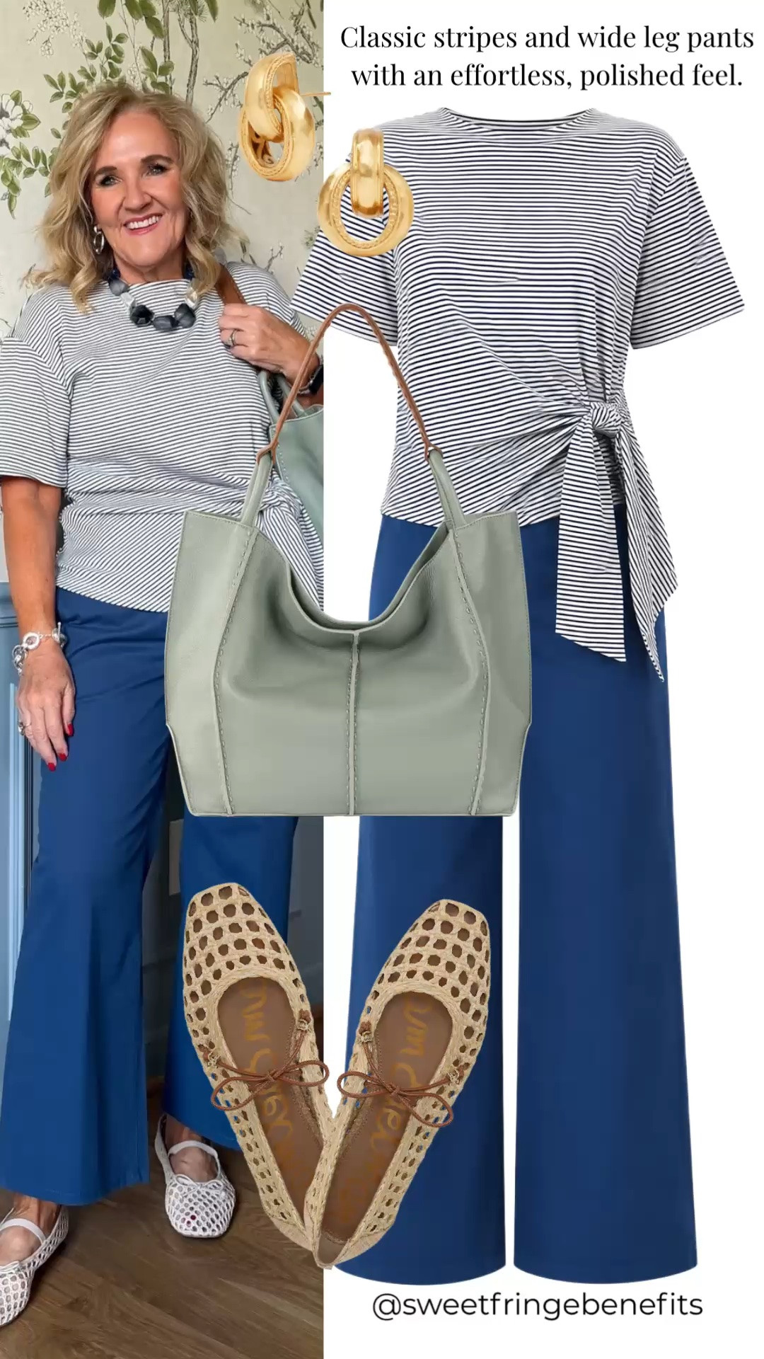 This striped tie-front top and blue wide-leg pants make an effortlessly polished combination. Woven flats and a soft green tote keep it comfortable and easy for everyday wear.

💡 LTK MADE EASY
❤️ Heart = Support my posts!
🔖 Save = Get sale & restock alerts
📋 Lists = Keep favorites organized
📲 Share = Send lists and products to a friend. Hello, Christmas List!
💬 Comment = Ask me anything about what I'm wearing.:-)

#LTKootd #LTKWorkwear #LTKOver40