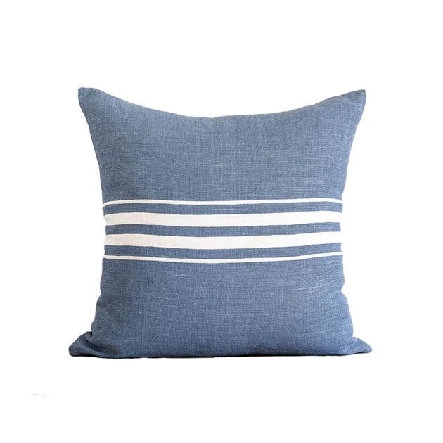 French Blue Classic Stripe Linen Pillow with Insert | Cailini Coastal
