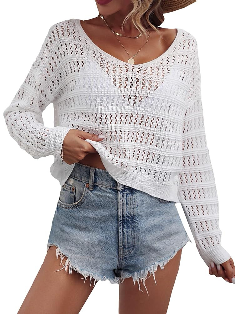 SHENHE Women's Crochet Hollow Out Drop Shoulder Scoop Neck Long Sleeve Sweater Top | Amazon (US)