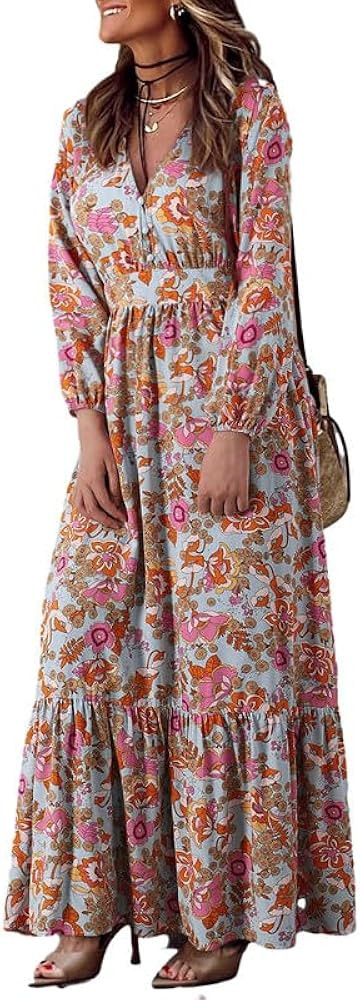Dokotoo Women's 2024 Boho Maxi Dress Casual Long Puff Sleeve V Neck Ruffle A Line Flowy Casual Be... | Amazon (US)