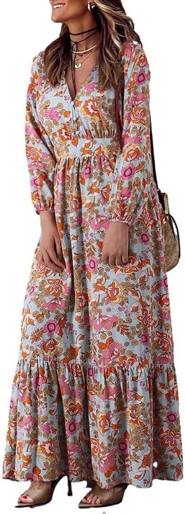 Dokotoo Women's 2024 Boho Maxi Dress Casual Long Puff Sleeve V Neck Ruffle A Line Flowy Casual Be... | Amazon (US)