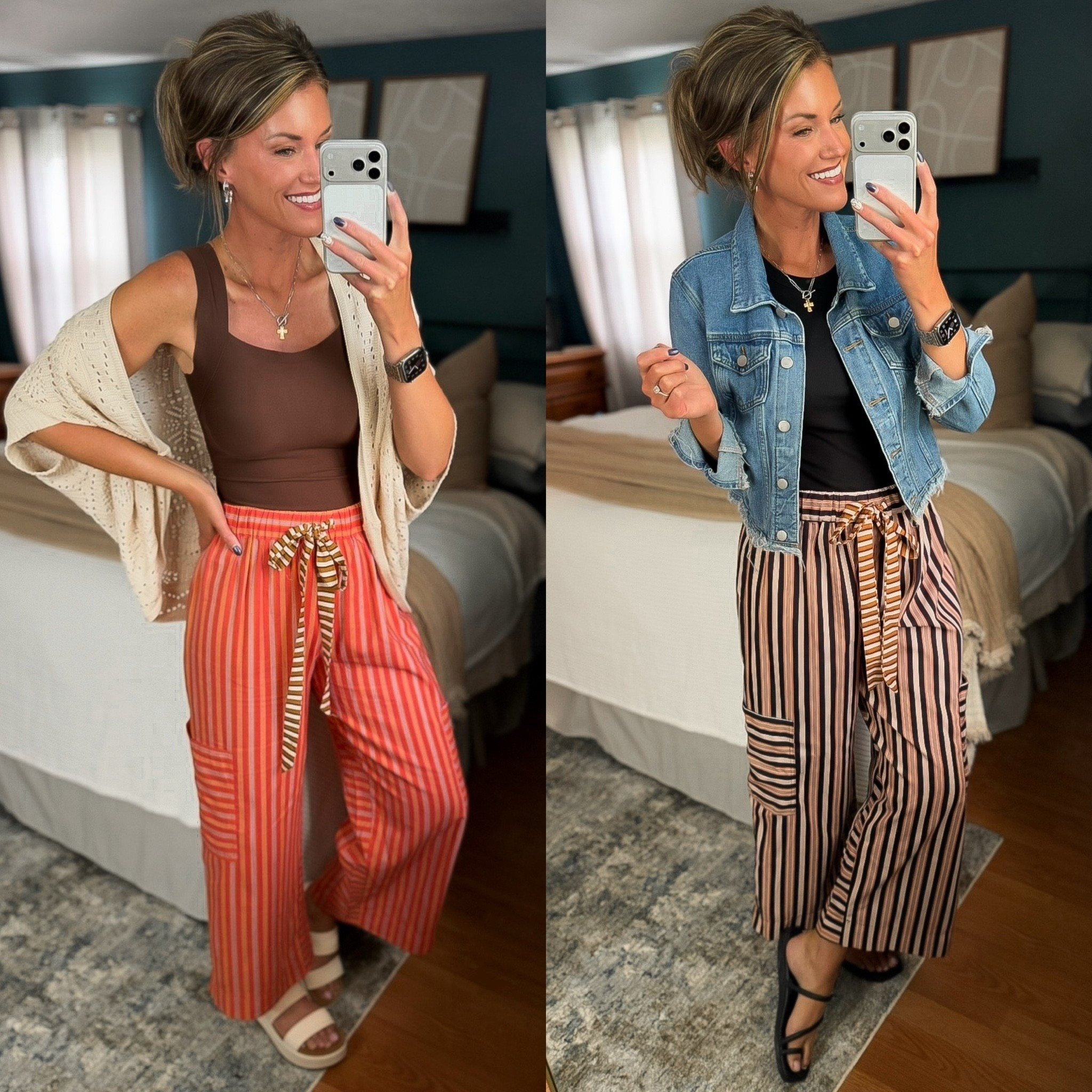New fun pants from Amazon. 
Wearing medium in pants 
Medium in brown tank
Medium in open knit cardigan
Small in jacket

#LTKmomlife #LTKSeasonal #LTKOver40