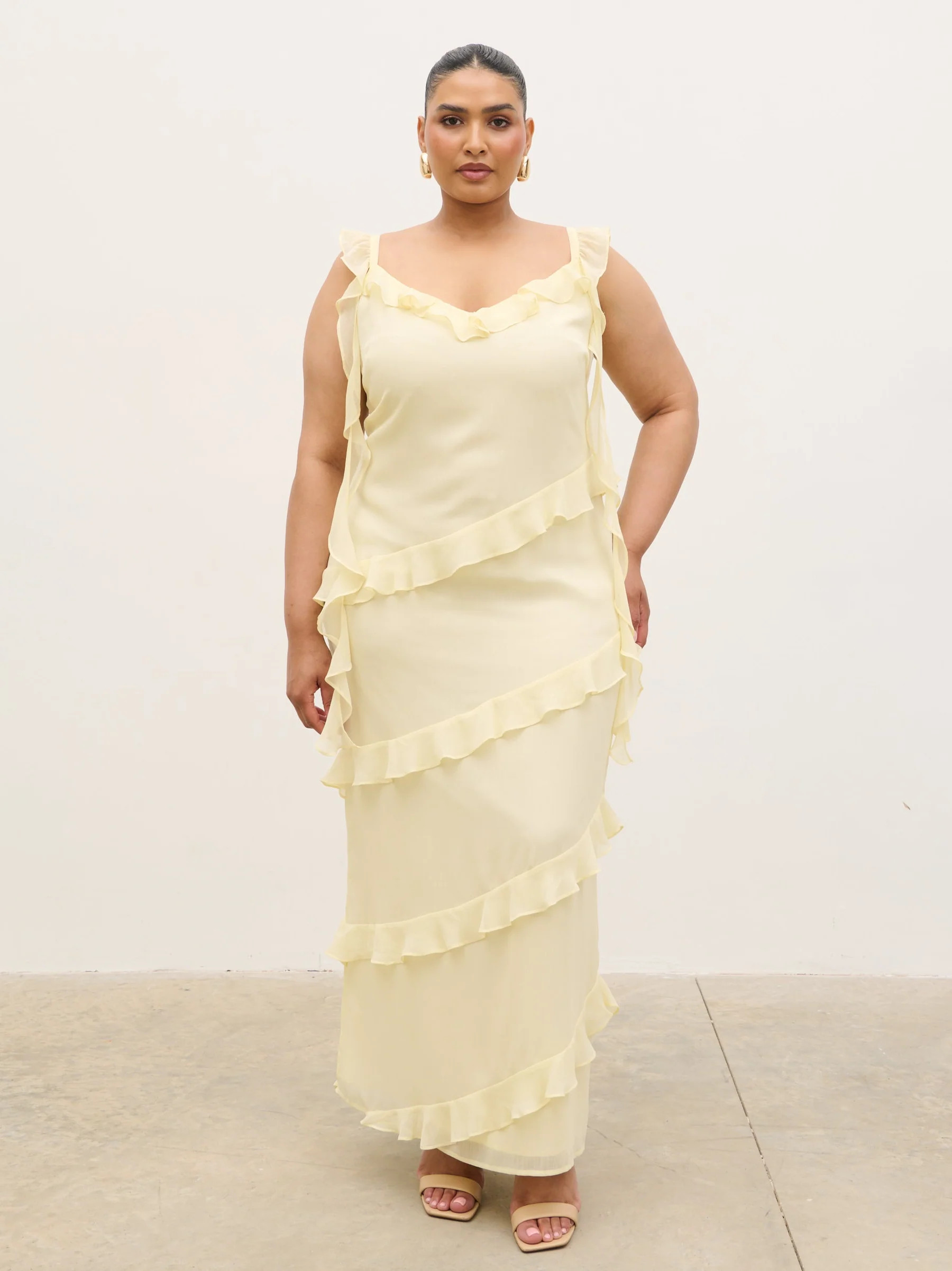 Rue Ruffle Maxi Dress Curve - Lemon | Pretty Lavish (UK)