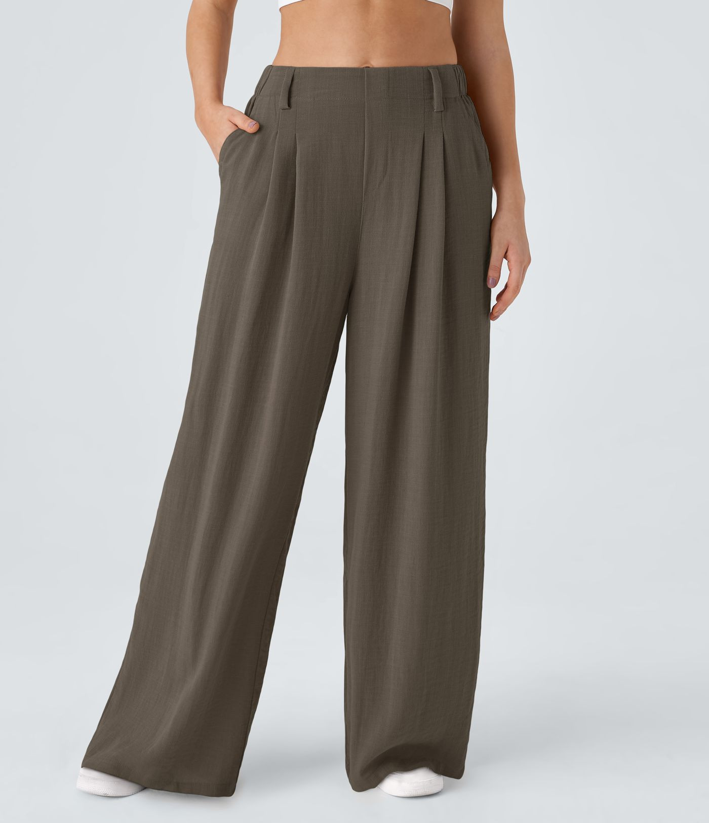 Women’s High Waisted Pocket Wide Leg Flowy Solid Palazzo Casual Linen-Feel Trousers - Halara | Halara UK