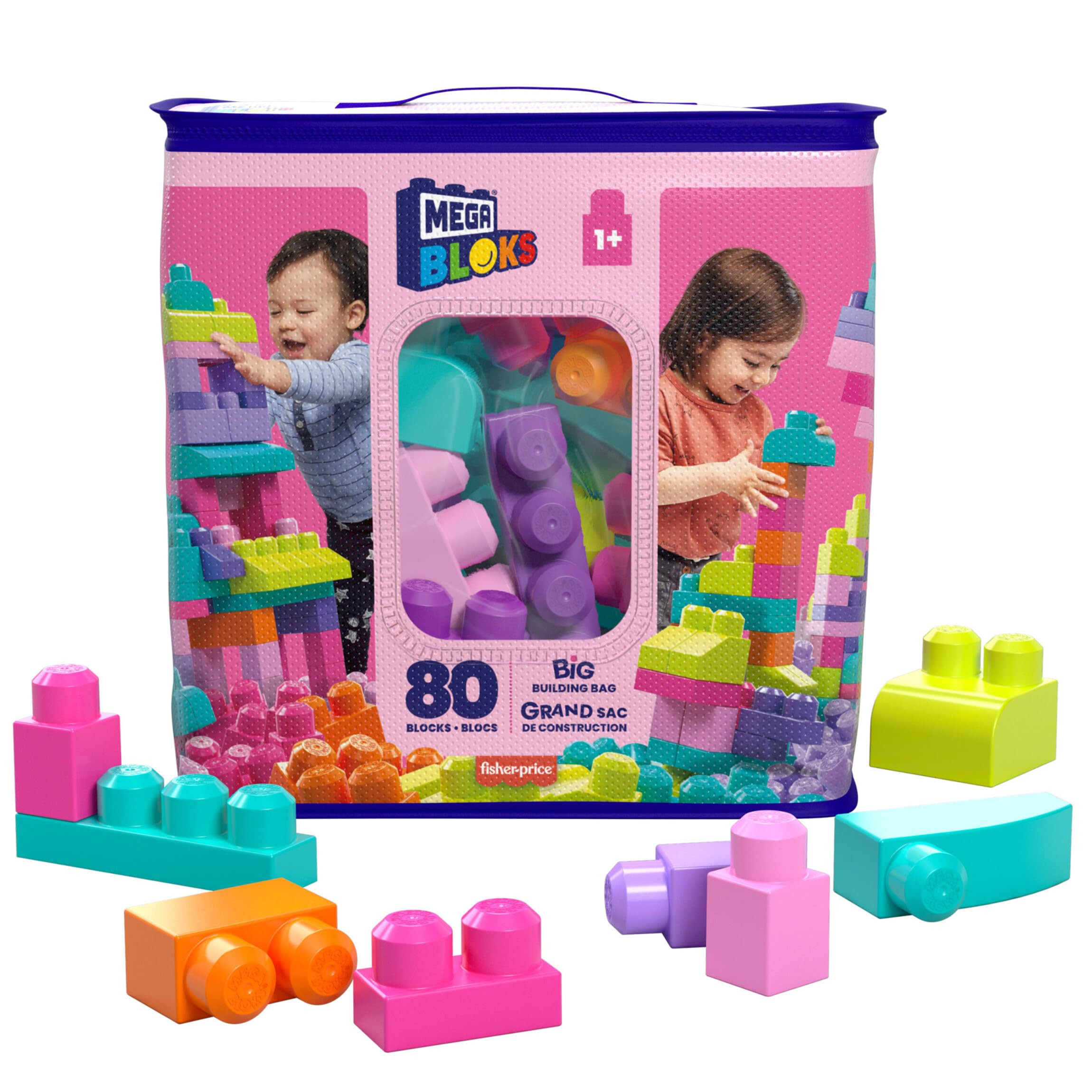 MEGA BLOKS Fisher-Price Toddler Block Toys, Big Building Bag with 80 Pieces and Storage Bag, Pink... | Amazon (UK)