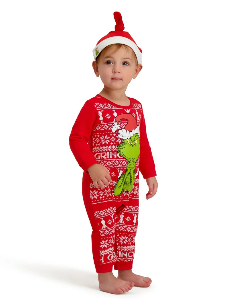 The Grinch Baby Unisex Red Long Sleeve Coverall and Hat, Sizes 0/3M-24M | Walmart (US)