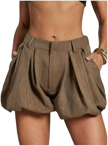 SweatyRocks Women's Y2k Striped Bubble Shorts Elastic High Waisted Puffy Mini Shorts with Pockets | Amazon (US)