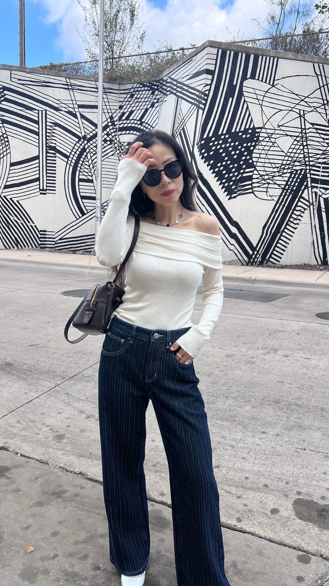 Off shoulder top pinstripe jeans

#LTKootd #LTKOver40 #LTKmomlife