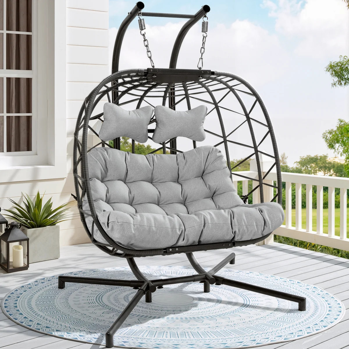 Celyne 2 Person Outdoor/Indoor Porch Swings with Stand Double Hanging Egg Chair with Cozy Cushion | Wayfair North America