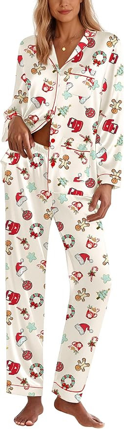 Ekouaer Silk Pajamas for Women Classic Button Down Satin Pajama Sets Long Sleeve Lounge Set | Amazon (US)