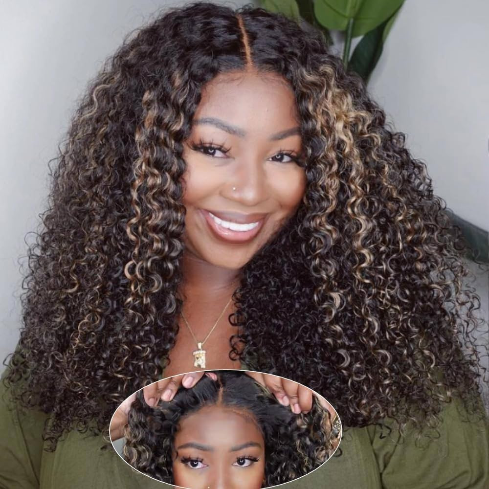 KLAIYI Ombre Highlight Blonde Glueless Wear and Go Wig Human Hair Jerry Curly Pre Cut Lace Front ... | Amazon (US)