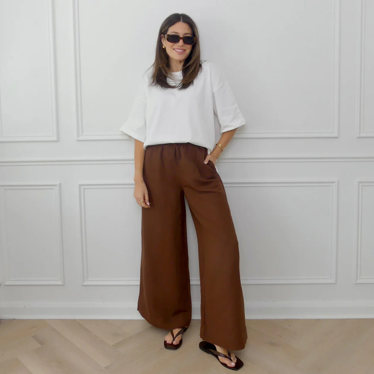 LINEN BLEND WIDE LEG TROUSERS - COCOA | WAT The Brand