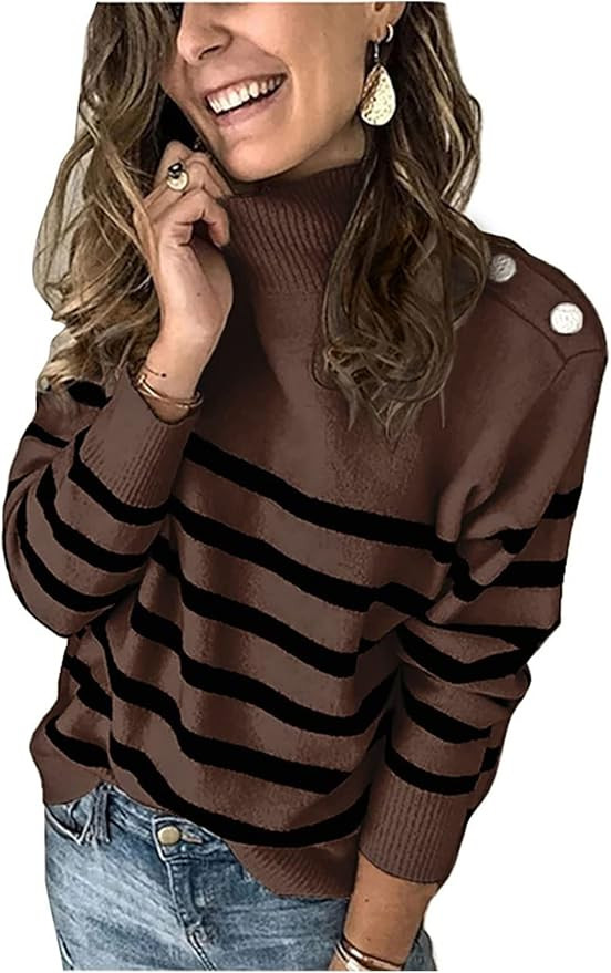 KIRUNDO Women's 2023 Fall Winter Long Sleeve Knit Sweater Turtleneck Striped Loose Pullover Tops ... | Amazon (US)
