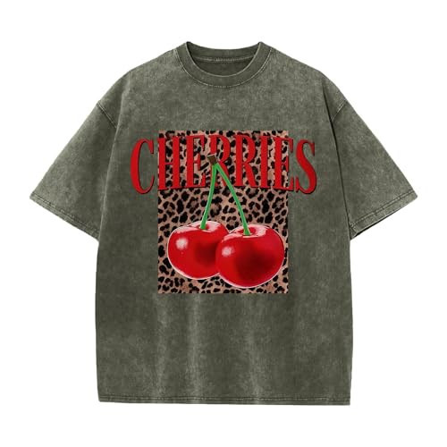 Oiiaayy Oversized Cherry Graphic Tees for Women Vintage Leopard Cherry Fruit Shirt Acid Wash Crewneck Streetwear T Shirts Top (Army Green,XL) | Amazon (US)