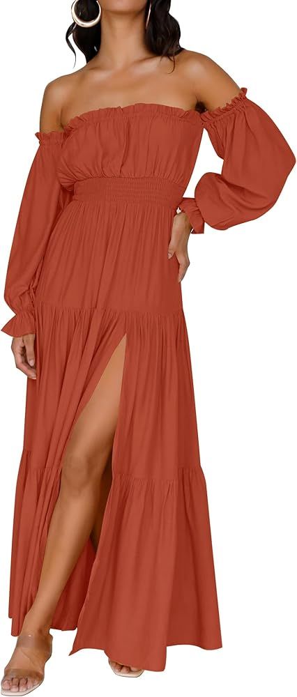 ZESICA Women's 2024 Boho Sexy Off Shoulder Long Sleeve Smocked High Waist Side Split Flowy A Line... | Amazon (US)