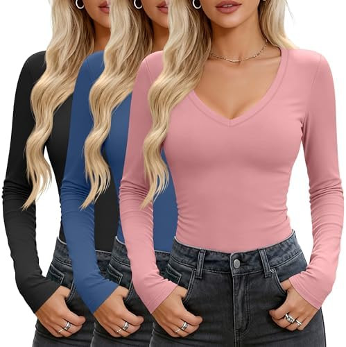 Huukeay 3 Pack Women's V Neck Long Sleeve Shirts Layering Undershirts Slim Fit Ladies Tops Unders... | Amazon (US)