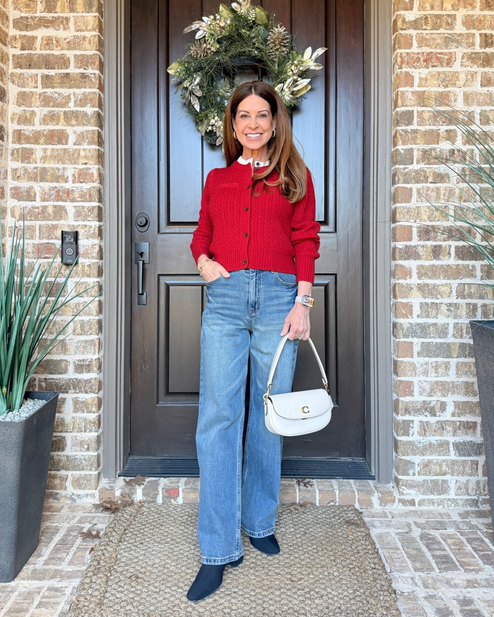 Petite straight leg jeans with a red wool cardigan. Wearing size xs in both pieces. This brand is great because everything is specifically designed for petite women.

#LTKPetite #LTKOver40 #LTKSaleAlert