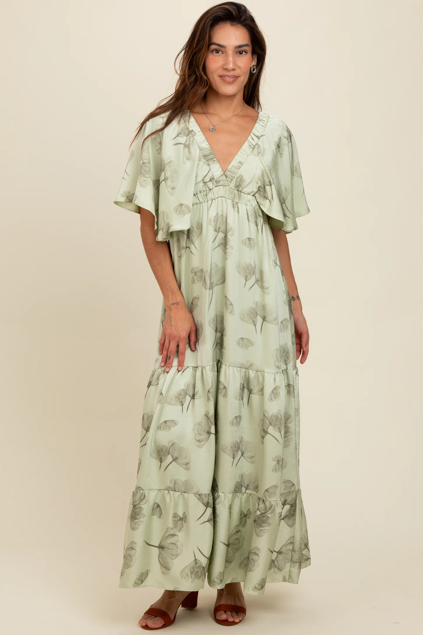 Light Olive Floral Deep V-Neck Maxi Dress | PinkBlush Maternity