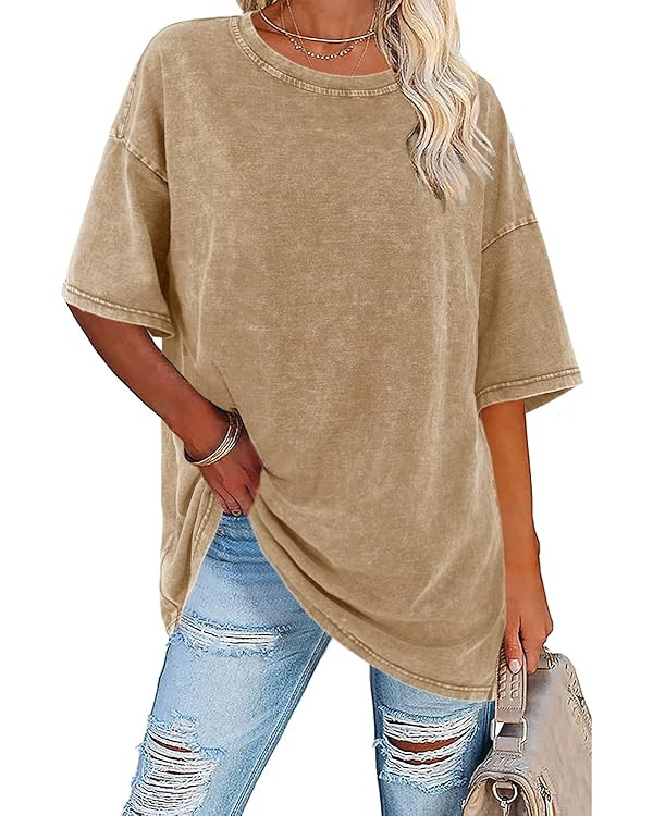 Imily Bela Womens Oversized T Shirts Vintage Cotton Tees Crewneck Short Sleeve Washed Summer Tuni... | Amazon (US)