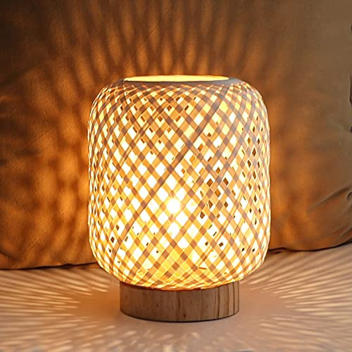 LUSHARBOR Rattan Lamp, Cordless Boho Lamp Battery Operated, Table Lamp with LED Bulb, Handmade Bamboo Beside Lamp Small Rattan Lamp, Decorative Battery Lamp for Kids Room Entryway - Grid | Amazon (US)