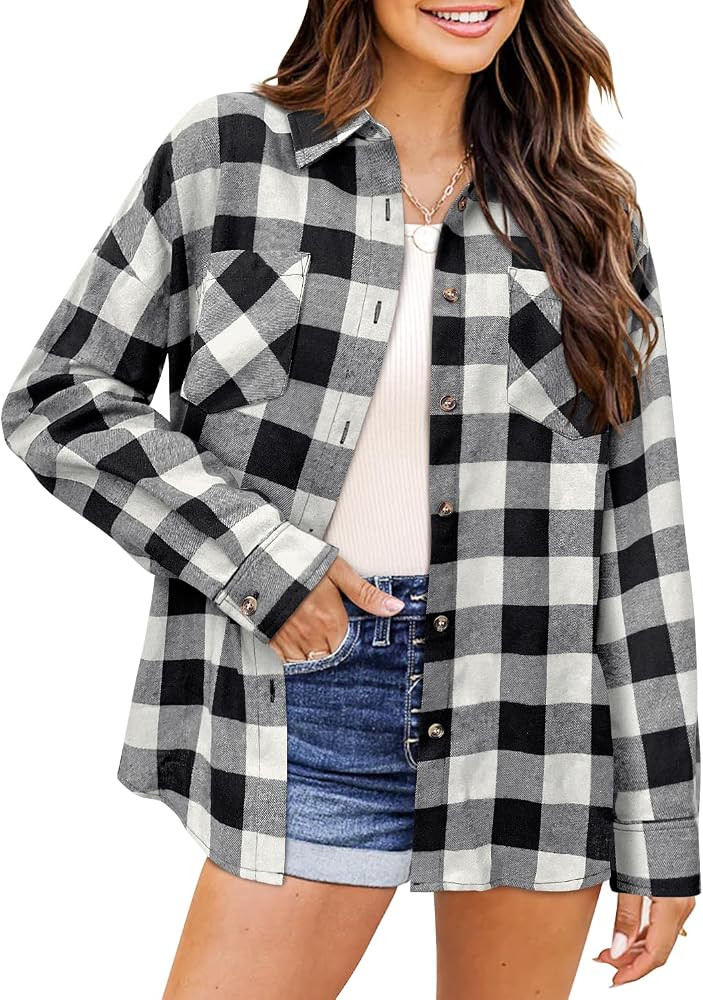DOROSE Womens Flannel Shirts Long Sleeve Checked Plaid Shirt Button Down S-XXL | Amazon (US)