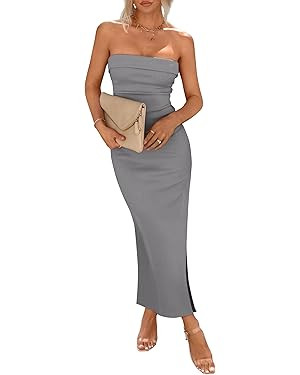 PRETTYGARDEN Women's Summer Bodycon Maxi Tube Dress Ribbed Strapless Side Slit Long Going Out Cas... | Amazon (US)