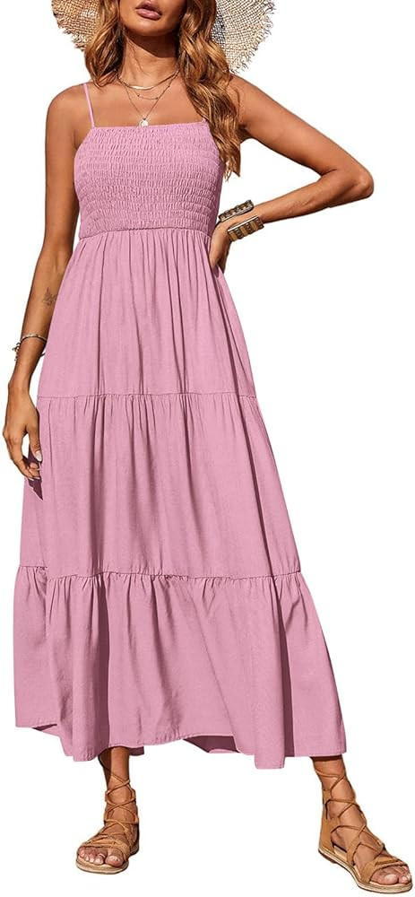 PRETTYGARDEN Women's Summer Maxi Dress 2026 Casual Boho Sleeveless Spaghetti Strap Smocked Tiered... | Amazon (US)