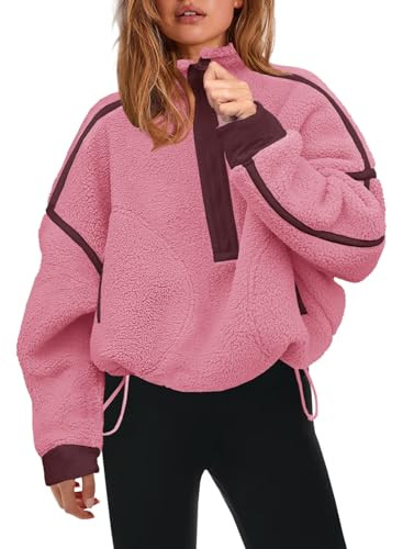 Panadila Womens Half Zip Sherpa Fleece Pullover Soft Oversized Sweatshirt with Pockets Warm Fuzzy Sweater (Pink,XL) | Amazon (US)