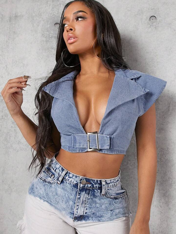 SHEIN X Asavvy Buckle Detail Denim Top | SHEIN