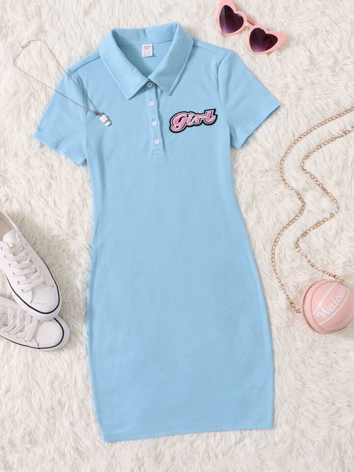 SHEIN Teen Girls Letter Embroidery Patched Polo Dress | SHEIN