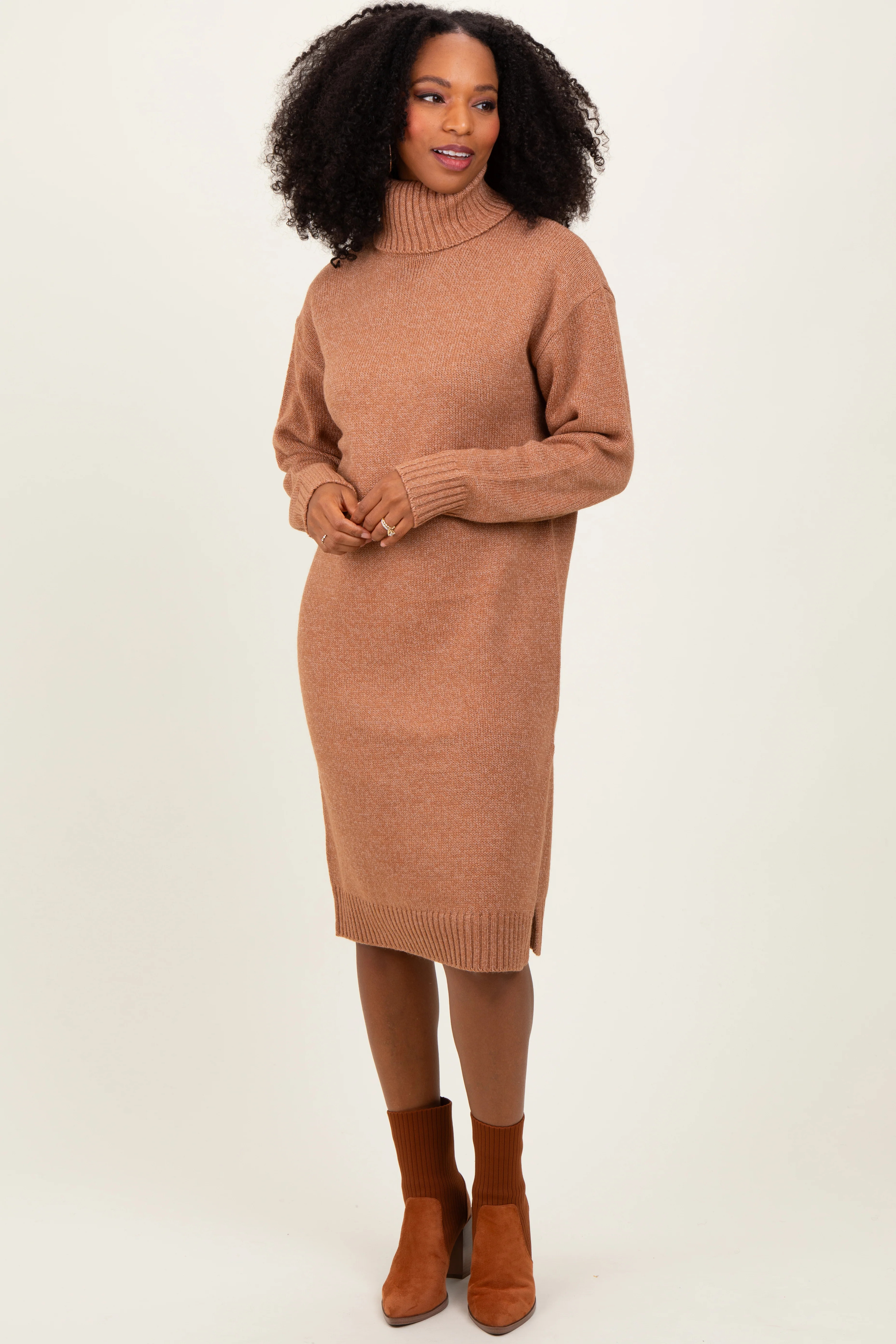 Camel Turtleneck Side Slit Midi Sweater Dress | PinkBlush Maternity