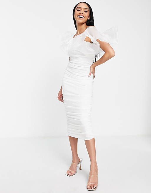 ASOS LUXE wired ruffle one shoulder ruched midi dress in whitewindow.asos.performance.markAndMeas... | ASOS (Global)