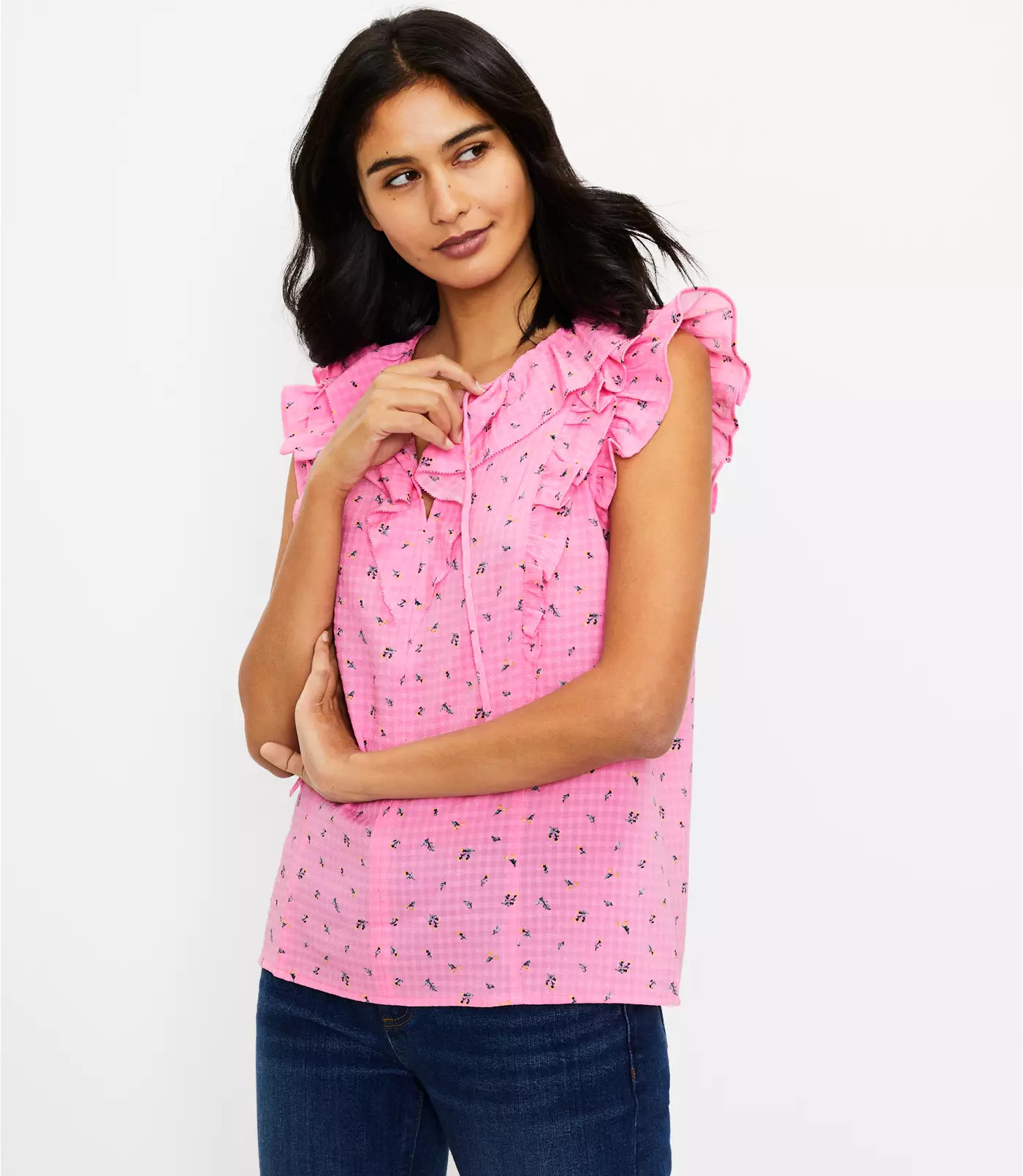 Garden Ruffle Tie Neck Shell | LOFT | LOFT