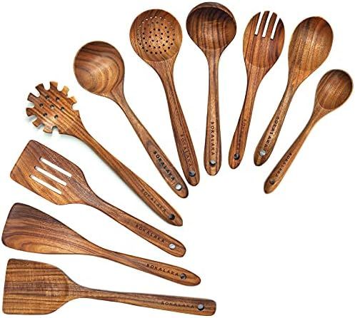 Wooden Spoons for Cooking,10 Pcs Natural Teak Wooden Kitchen Utensils Set Wooden Utensils for Cookin | Amazon (US)